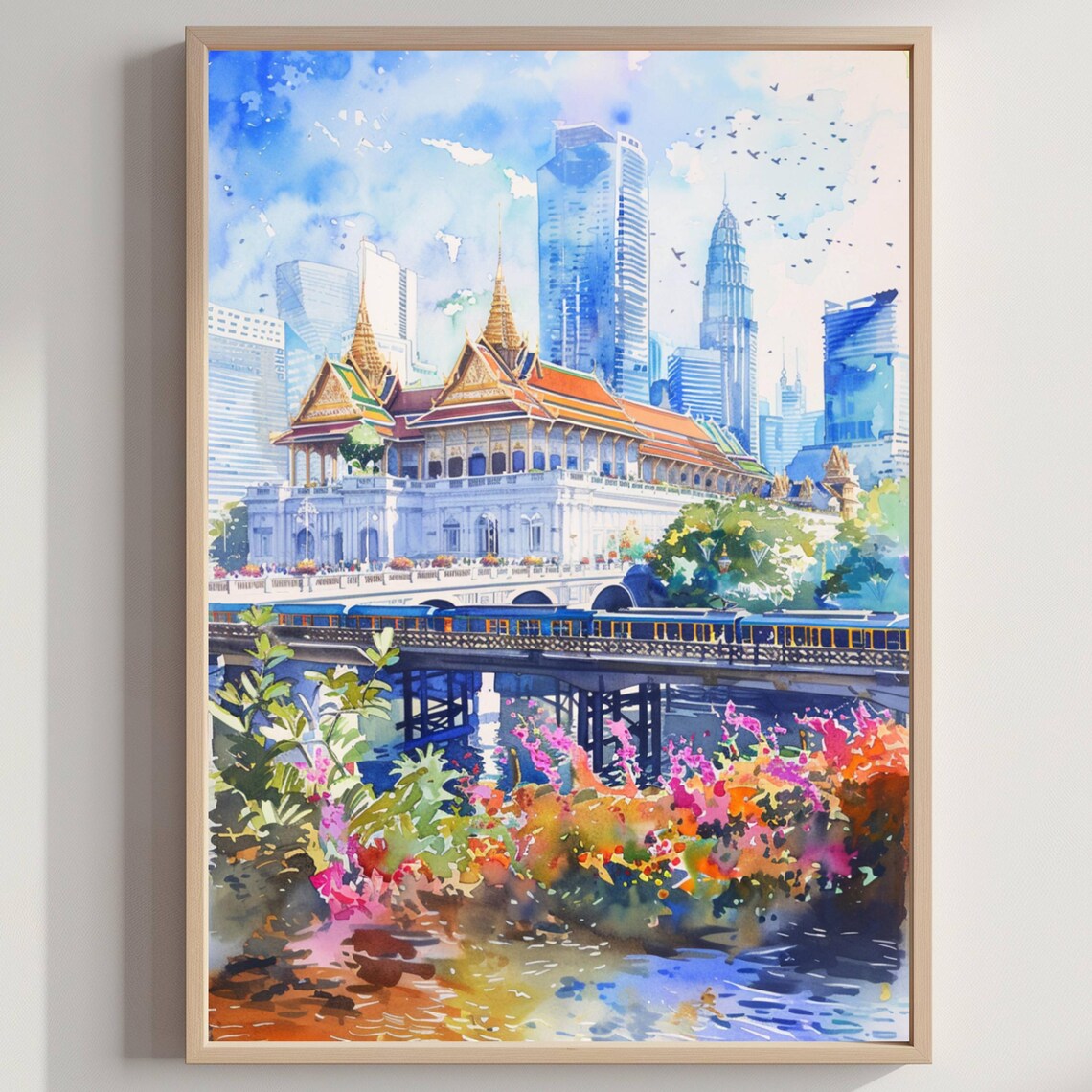 Golden Thai Temple Spires City Skyline River Watercolor Poster