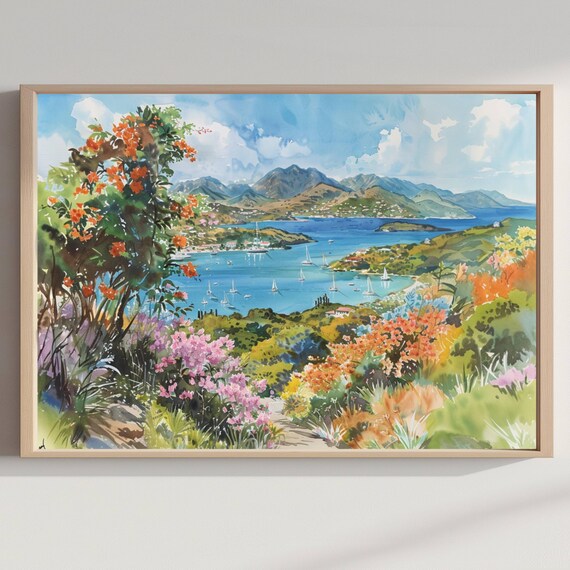 Tropical Island Bay Sailboats Blooming Garden Watercolor Art Print