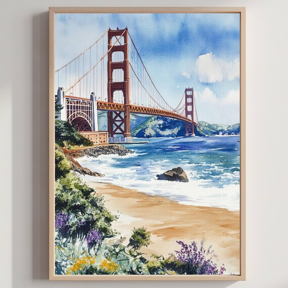Golden Gate Bridge Watercolor San Francisco Bay Scenic View Poster