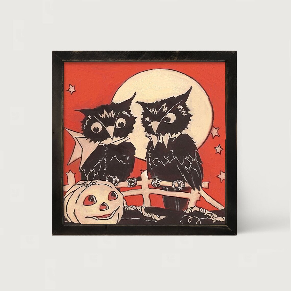Owls on a Fence, Vintage Halloween Wall Art Print