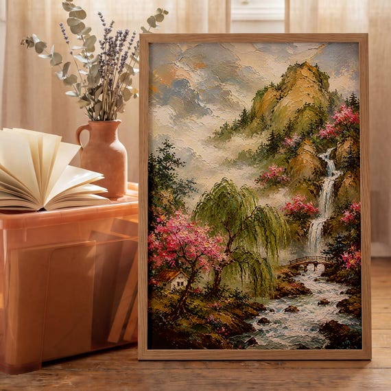 Japanese Cherry Blossom Waterfall Printable Sakura Mountain Landscape Digital Download