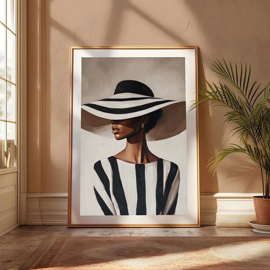 Chic Woman Striped Sun Hat Monochrome Fashion Portrait Art Poster