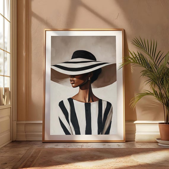 Elegant Woman In Striped Dress And Wide Brim Hat Fashion Portrait Art Print Decor