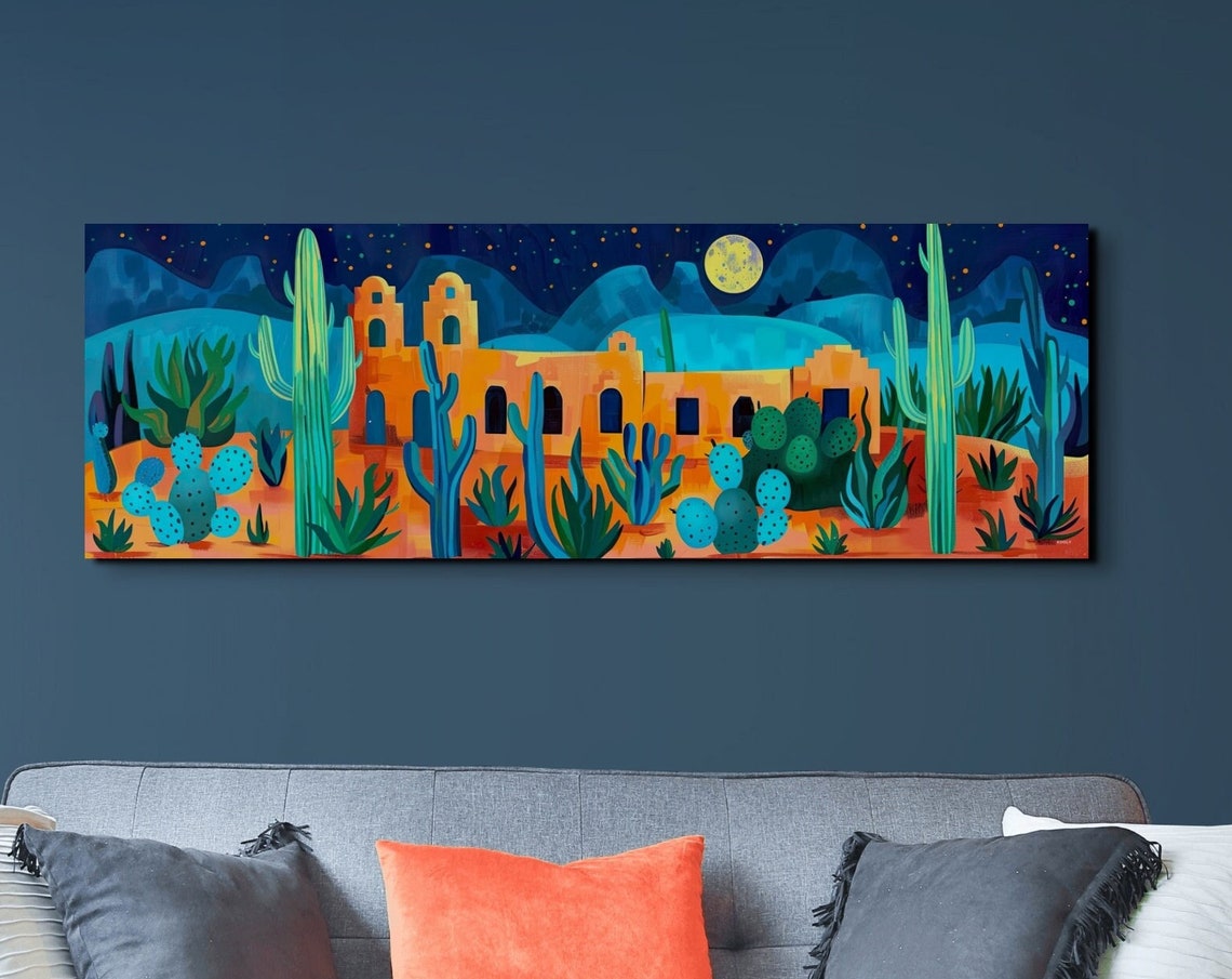Desert Mission at Night Full Moon Agave and Saguaro Cactus Wall Poster