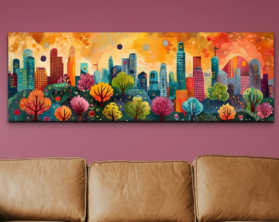 Los Angeles Watercolor Art Print Tree Art Colorful Wall Decor Painting Style Art Southwestern Home Decor Panoramic