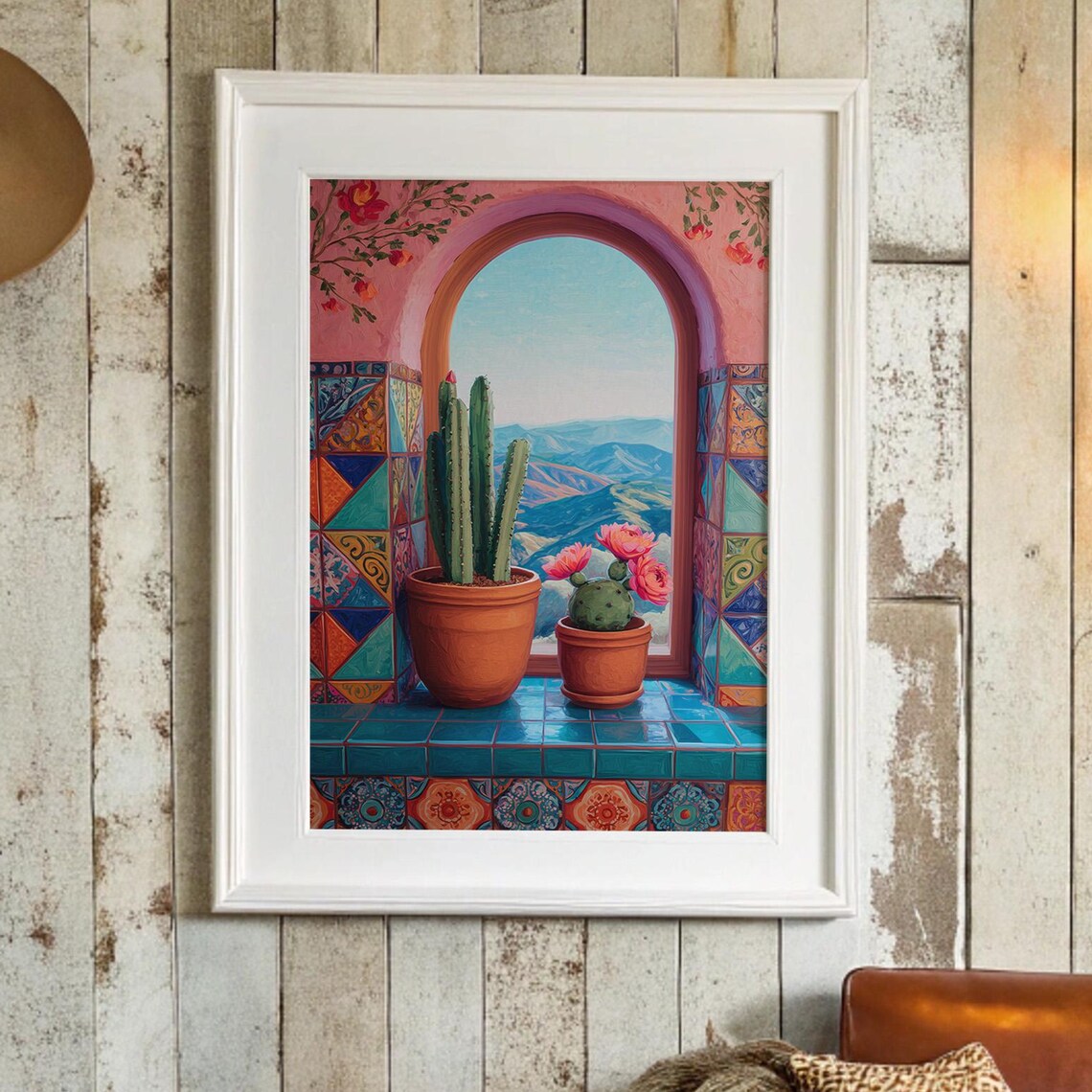 Southwest Cactus Window View Talavera Tiles Desert Scene Wall Art
