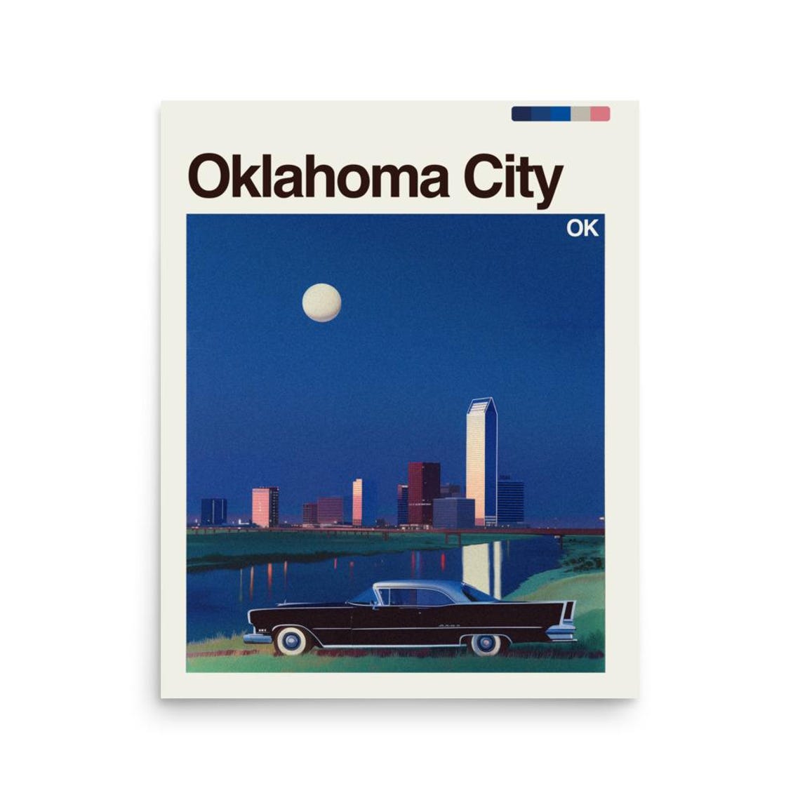 Oklahoma City OK Night Skyline with Full Moon and Vintage Car Poster