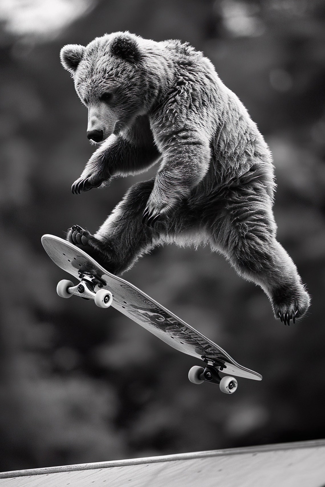 Bear Cub Skateboard Trick Mid Air Black and White Animal Poster