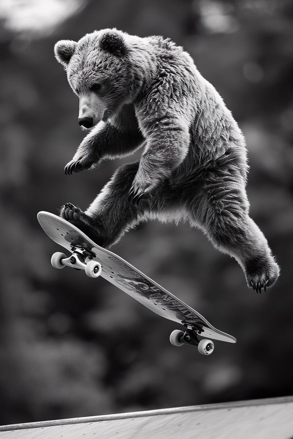 Bear Skateboarding Funny Animal Wall Art Bear On Skateboard Print Funny Vintage Bear Photo Black White Photography Ai Art