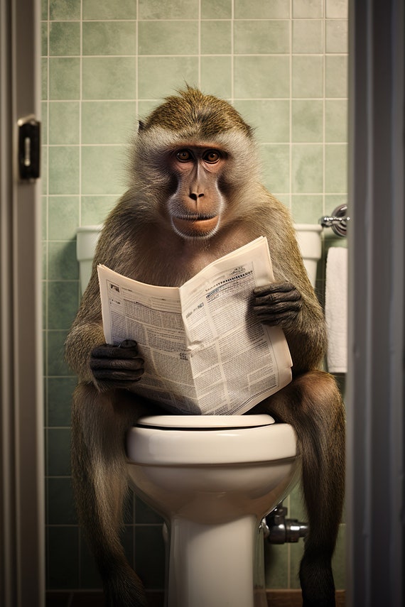 Baboon Ape Sitting On The Toilet Reading A Newspaper Funny Bathroom Wall Art Funny Monkey Print Funny Animal Photo Ai Art
