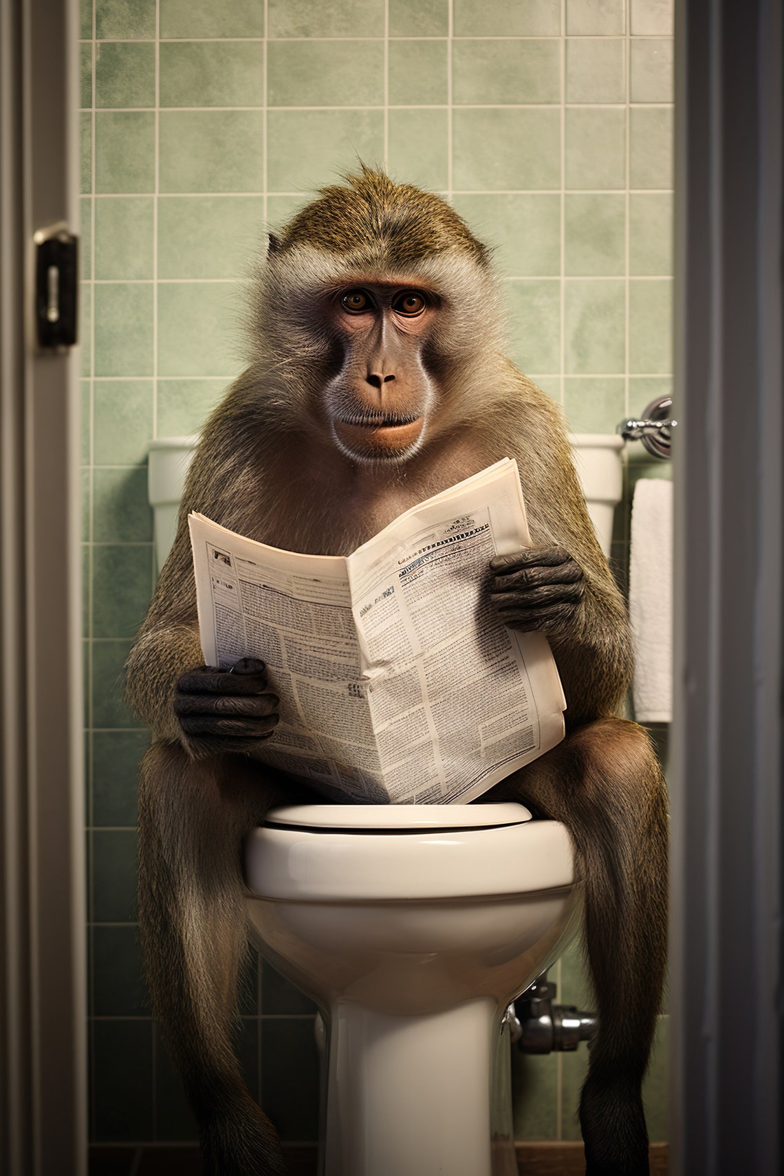 Funny Baboon Monkey Reading Newspaper on Toilet Bathroom Poster
