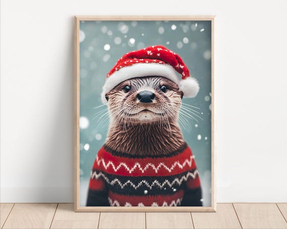 Cute Christmas Otter Funny Christmas Wall Art Retro Winter Animals Christmas Home Decor Funny Otter Photo Print Ai Art
