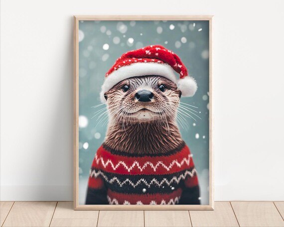 Otter in Santa Hat and Knit Sweater Snowy Christmas Winter Animal Poster