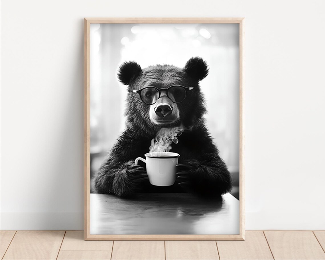 Bear Drinking Coffee Vintage Style Kitchen Art Print