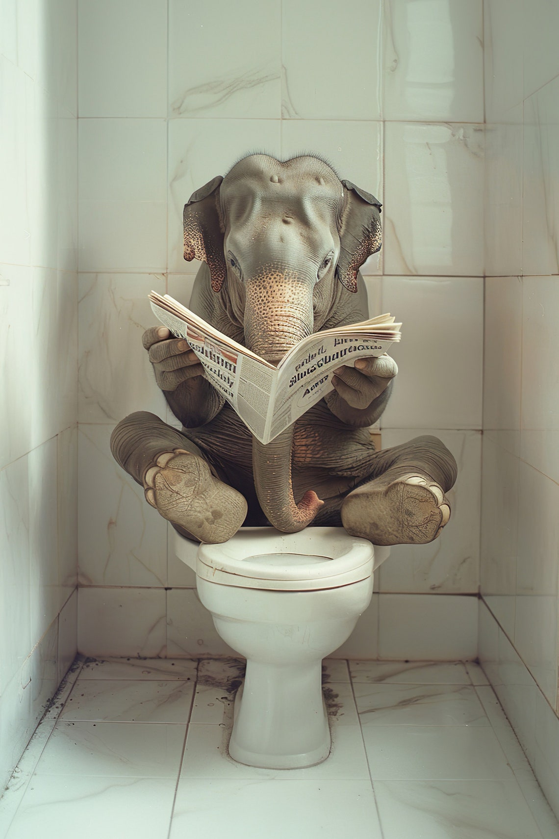 Elephant Sitting on Toilet Reading Newspaper Funny Animal Poster