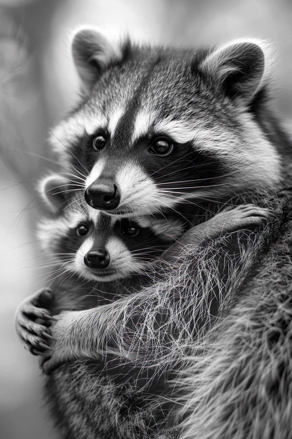 Mother Raccoon Baby Embrace Black White Cute Nursery Wall Art
