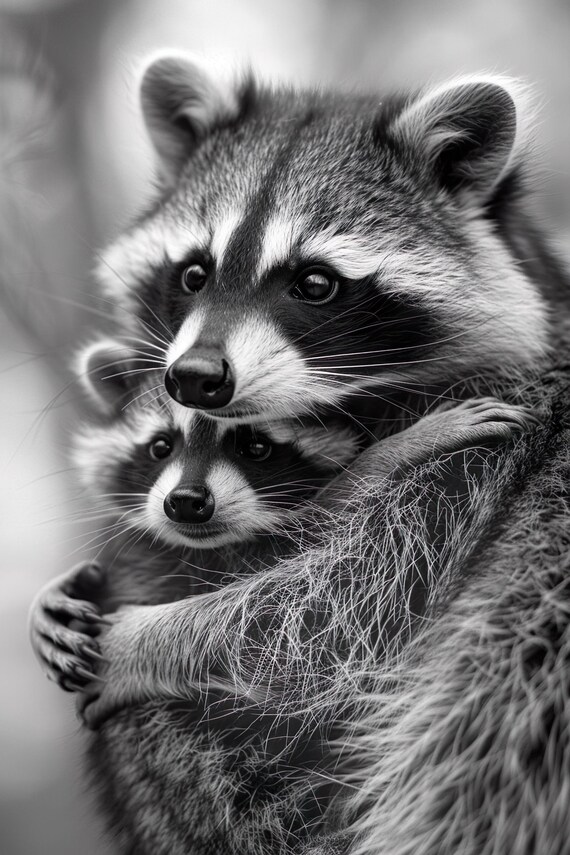 Mother Raccoon Baby Embrace Black White Cute Nursery Wall Art
