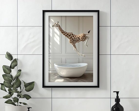 Giraffe Jumping Into Bathtub Funny Bathroom Wall Art Decor Animals Taking A Bath Vintage Style Retro Giraffe Print Ai Art