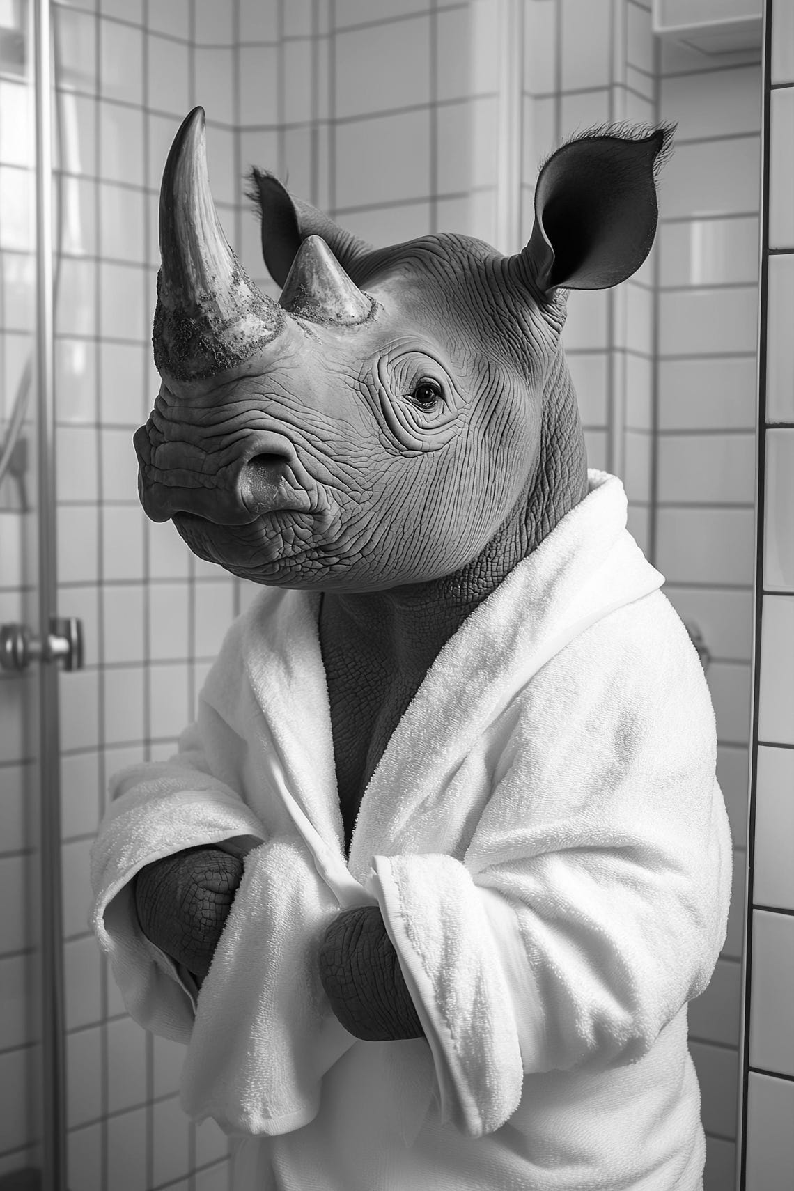 Baby Rhino in Bathrobe Black and White Funny Bathroom Poster - Image 2