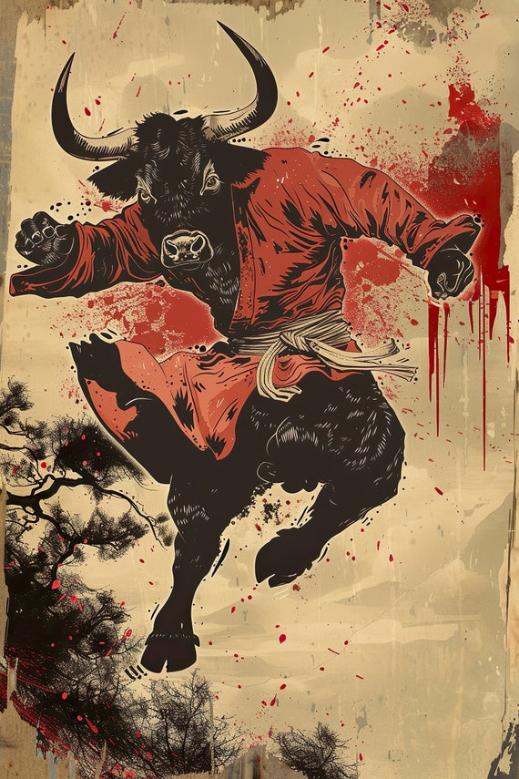 Ninja Cow Throwing A Karate Kick Boys Game Room Wall Decor Movie Poster Style Martial Arts Funny Animal Wall Art Ai Art