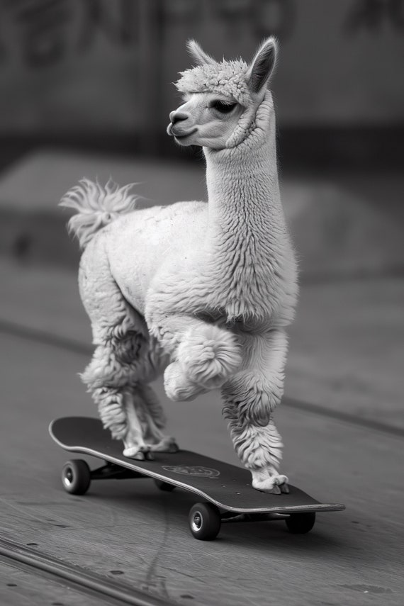 Alpaca Skateboarding Funny Animal Wall Art Alpaca On Skateboard Funny Vintage Alpaca Photo Black White Photography Ai Art