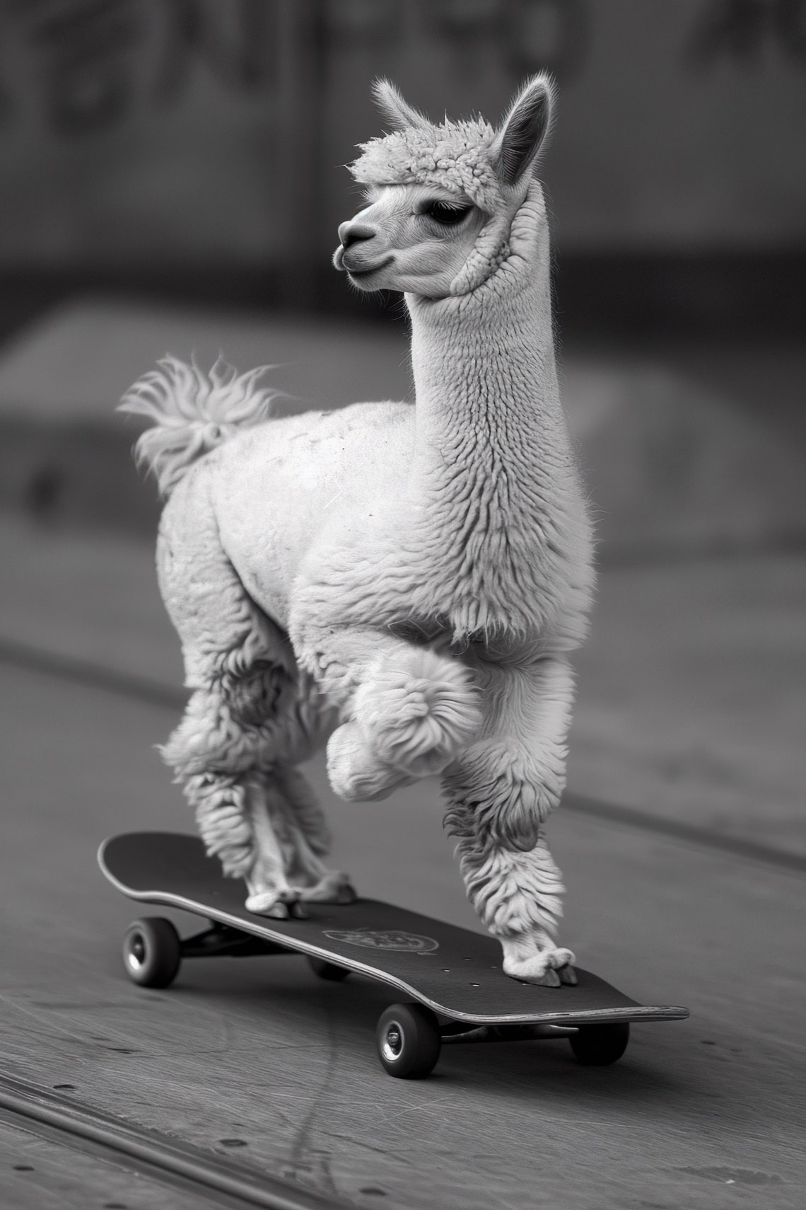 Alpaca Riding Skateboard Funny Black and White Animal Photo Poster