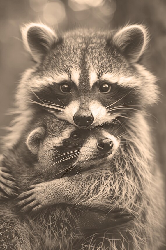 Raccoon Mother and Baby Sepia Woodland Animal Poster for Nursery Decor