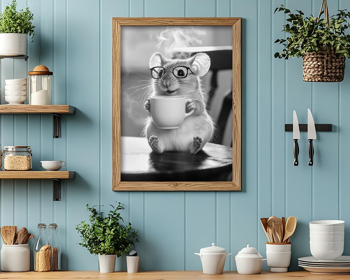Mouse Drinking Coffee Wearing Glasses, Vintage Retro Art Print - Image 2