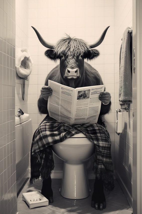 Highland Cow Sitting On The Toilet Reading A Newspaper Funny Bathroom Wall Decor Funny Animal Print Home Ai Art