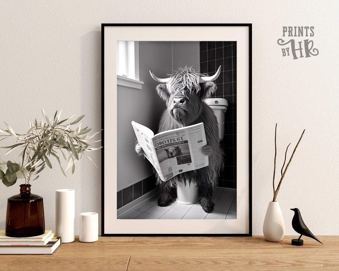 Highland Cow Sitting on the Toilet Reading Newspaper