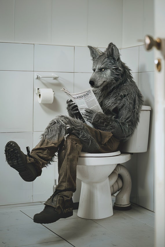 Werewolf Sitting On The Toilet Reading A Newspaper Funny Bathroom Humor Funny Mythical Creature Wall Art Home Ai Art Prints