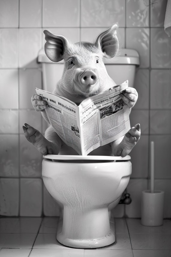 Pig Sitting On The Toilet Reading A Newspaper Funny Bathroom Humor Wall Decor Funny Animal Print Home Ai Prints