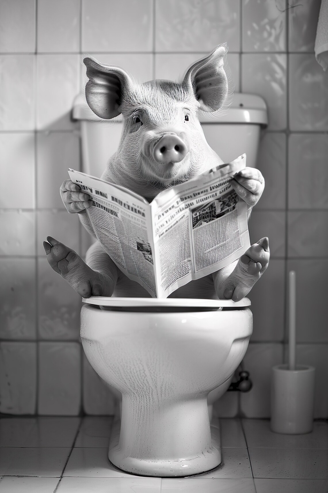 Funny Pig Reading Newspaper on the Toilet Quirky Bathroom Wall Art