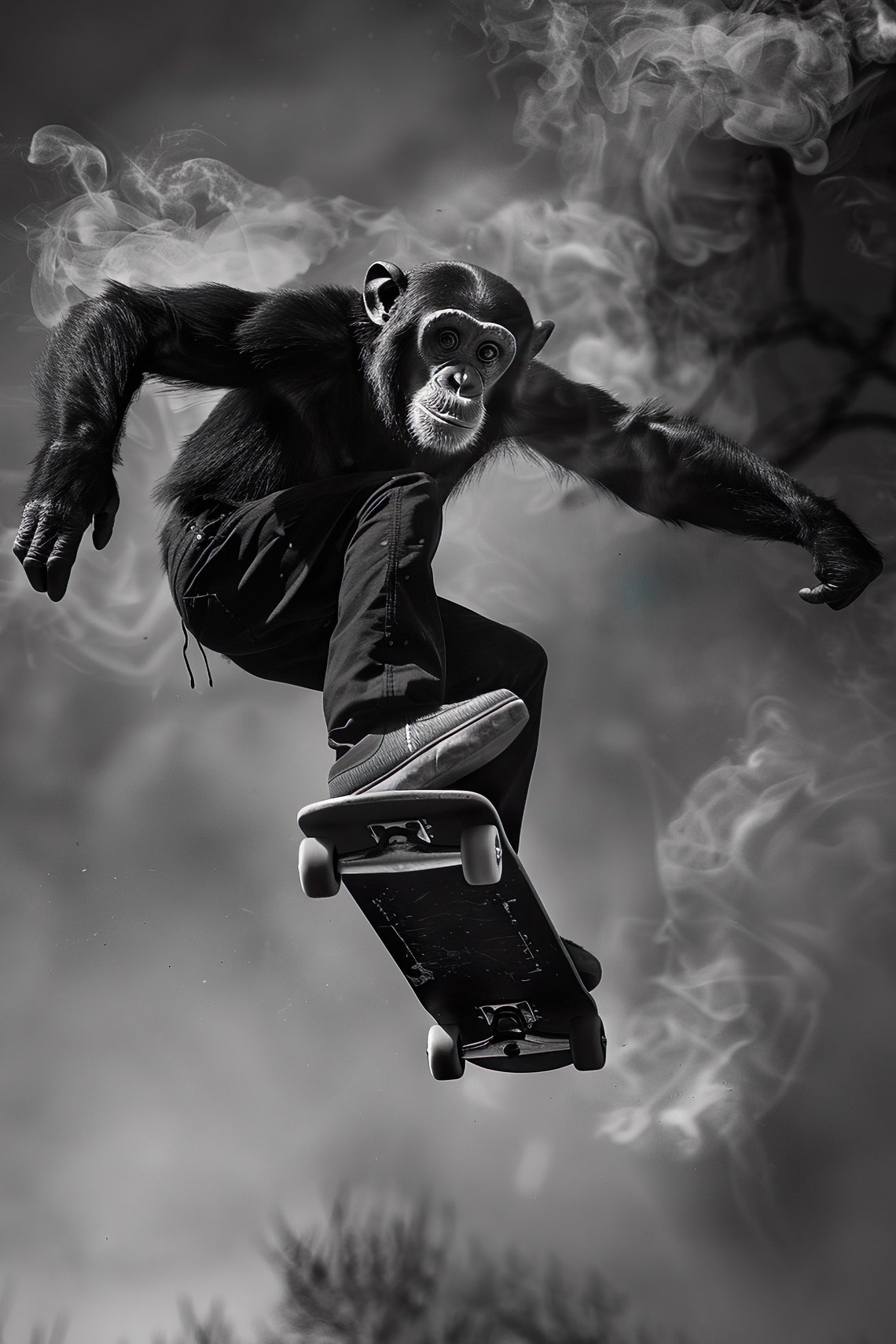 Chimpanzee Skateboard Kickflip Smoke Dramatic Black White Poster