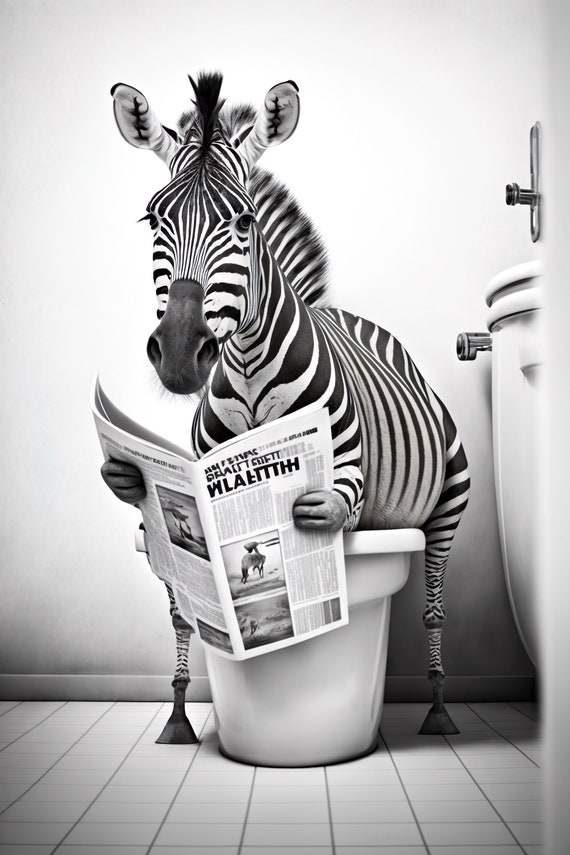 Zebra Sitting On The Toilet Reading A Newspaper Funny Bathroom Humor Wall Decor Funny Animal Print Home Ai Prints
