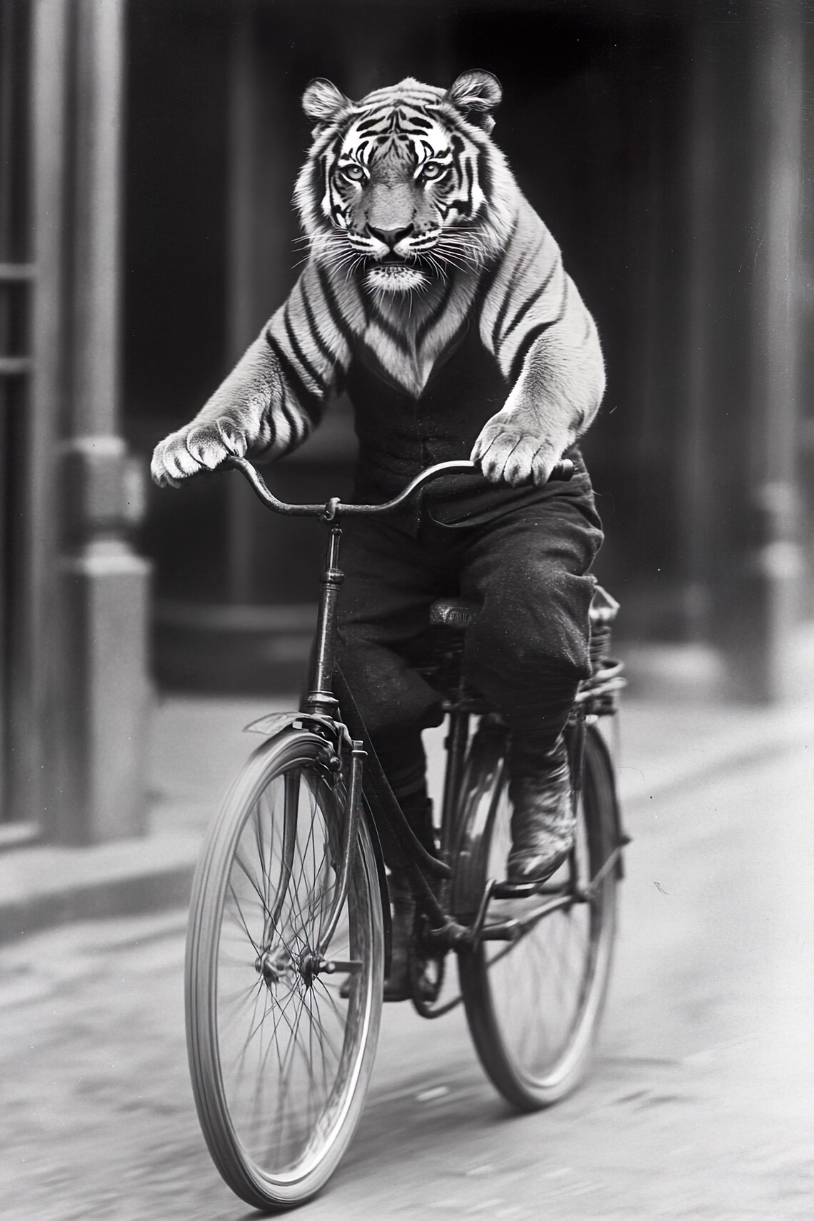 Tiger Riding A Bike Funny Animal Wall Art Tiger With Bicycle Funny Vintage Style Animal Photo Cute Retro Home Print Ai Art