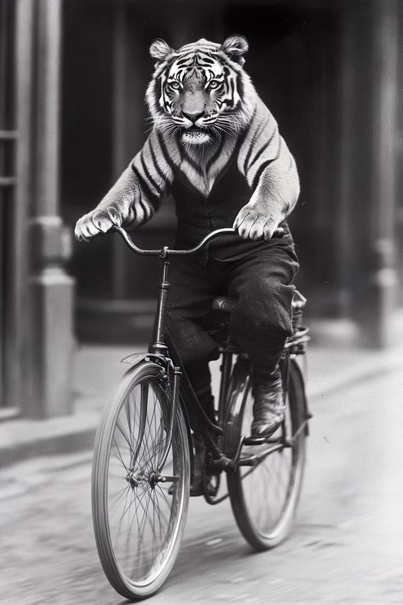 Tiger Riding A Bike Funny Animal Wall Art Tiger With Bicycle Funny Vintage Style Animal Photo Cute Retro Home Print Ai Art