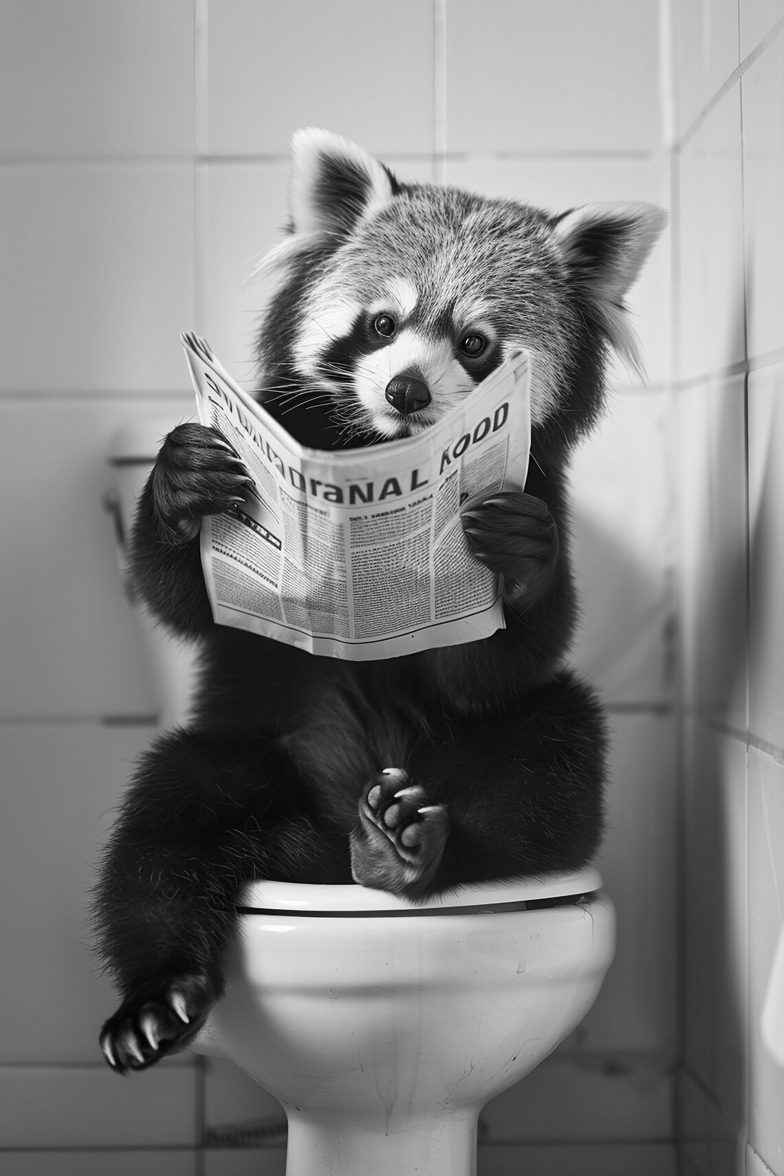 Red Panda Reading on the Toilet, Vintage Animal Print