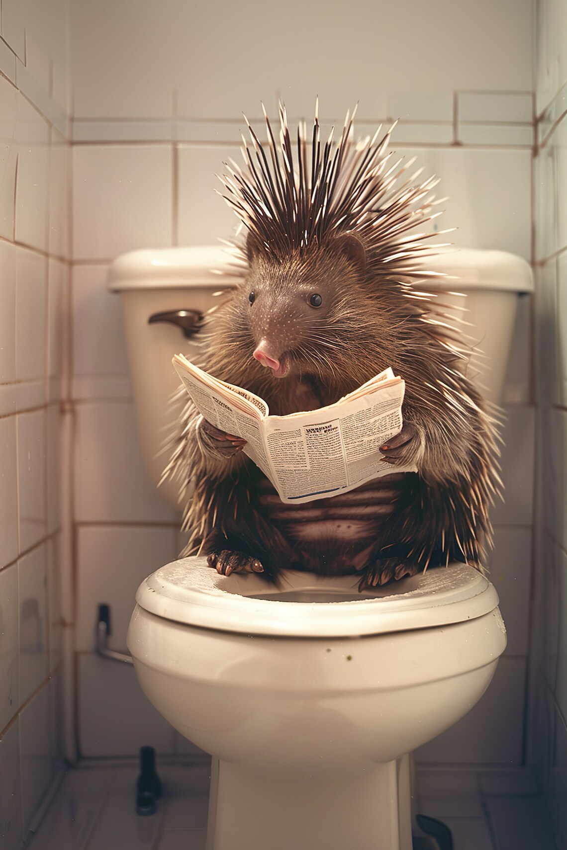 Porcupine on Toilet Reading Newspaper Funny Bathroom Animal Poster