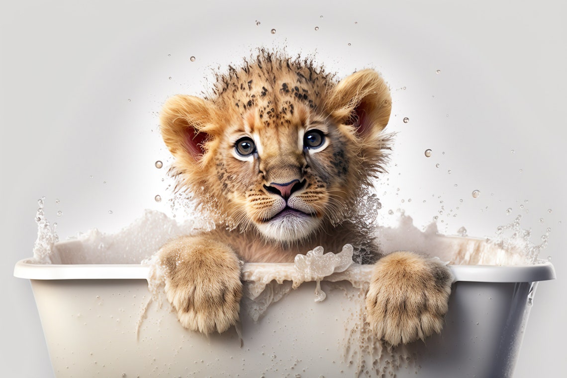 Lion Cub Splashing Bubble Bath Cute Big Cat Bathroom Humor Print