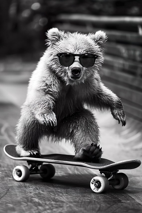 Bear Skateboarding Funny Animal Wall Art Bear On Skateboard Print Funny Vintage Bear Photo Black White Photography Ai Art