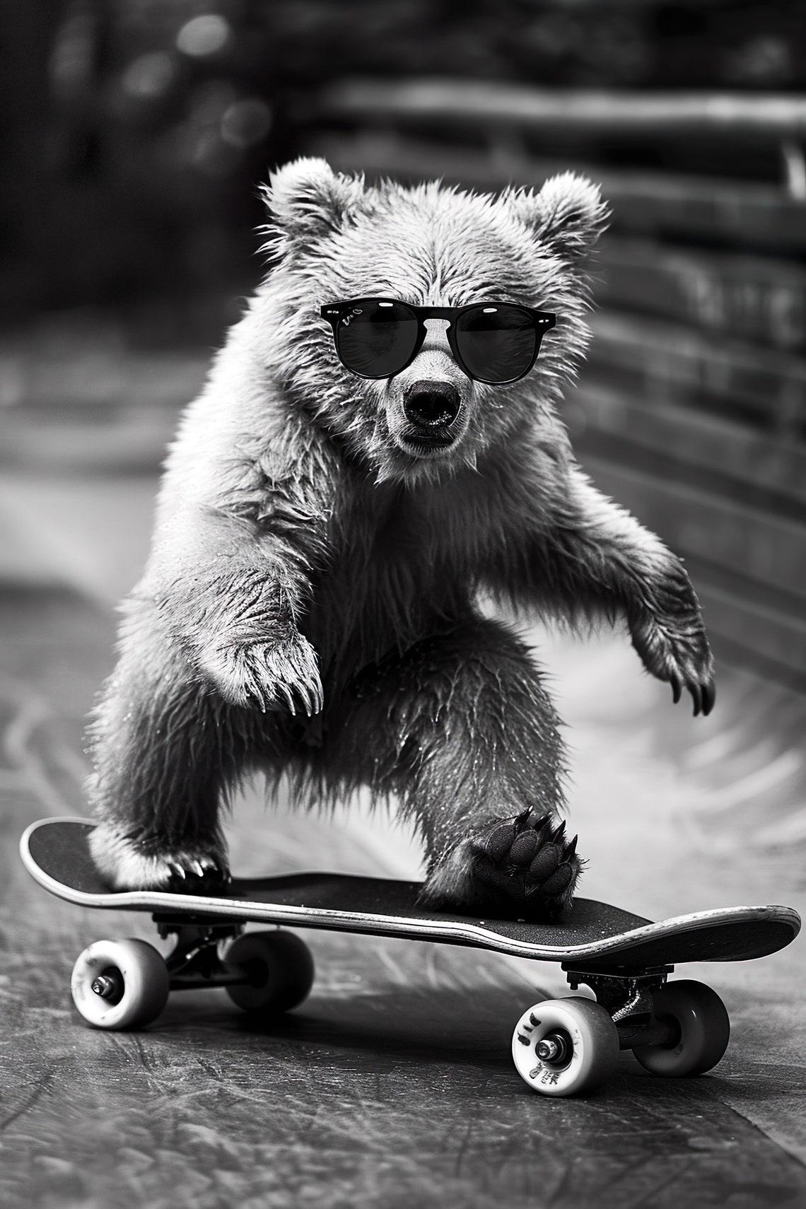 Bear Cub Wearing Sunglasses Skateboarding Funny Black White Poster