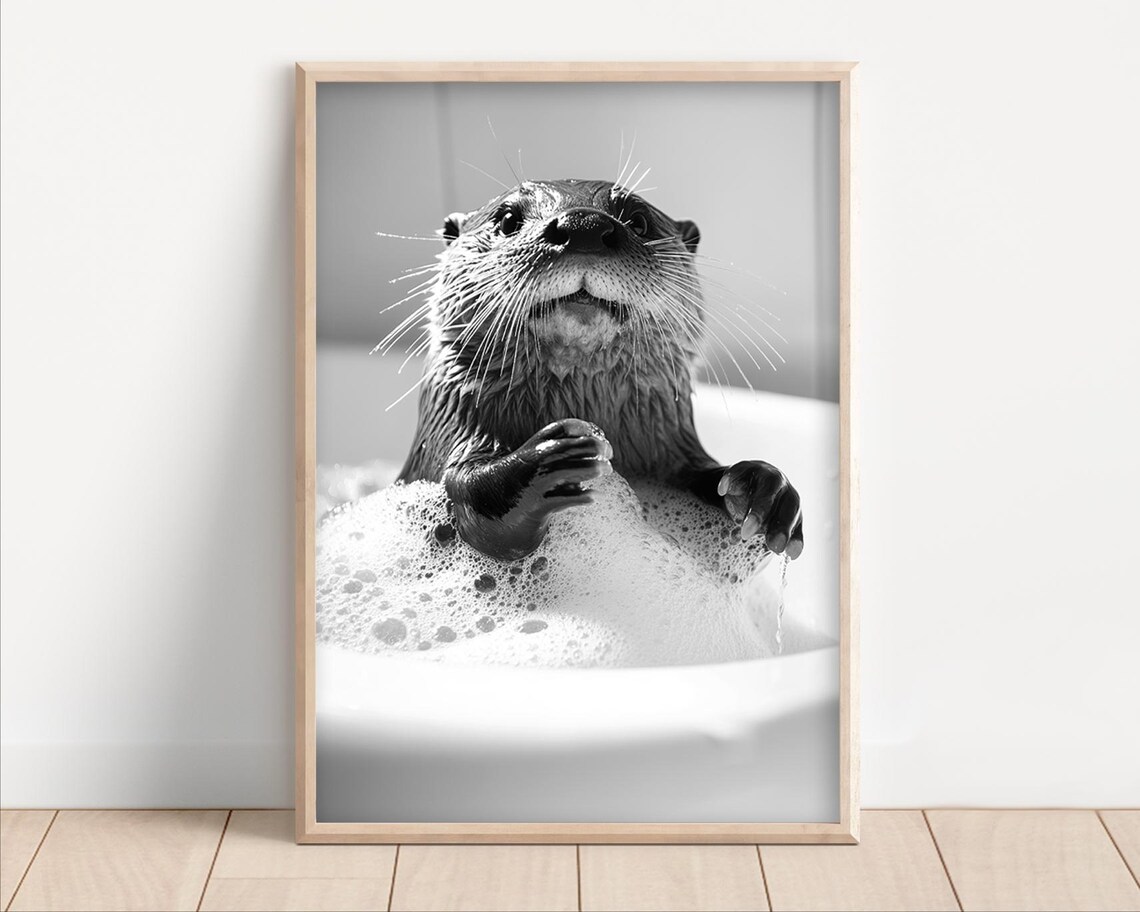 Otter in the Bathtub, Vintage Retro Bathroom Art Print
