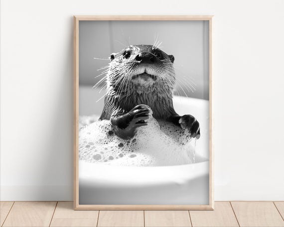 Otter in the Bathtub, Vintage Retro Bathroom Art Print
