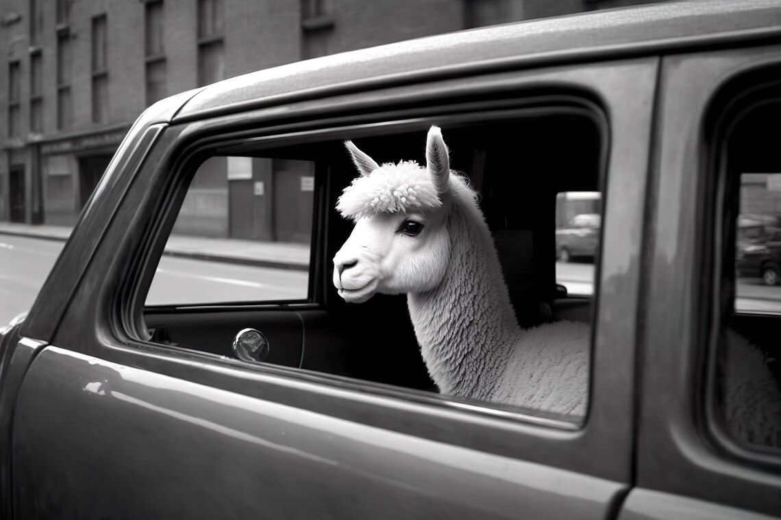 Llama In Car Window City Street Black And White Funny Animal Poster
