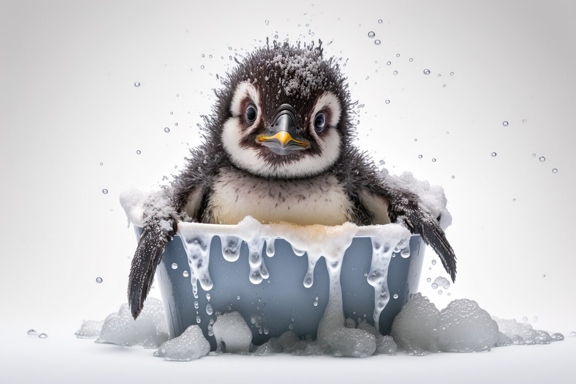 Baby Penguin in Bubble Bath Bucket Cute Penguin Photography Print