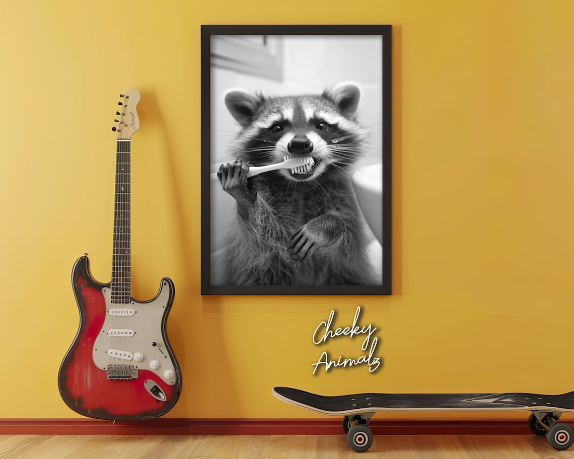 Funny Raccoon Brushing Teeth Vintage Style Art Print - Image 2