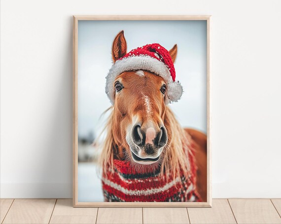 Horse in Santa Hat and Red Knit Sweater Funny Christmas Winter Animal Poster