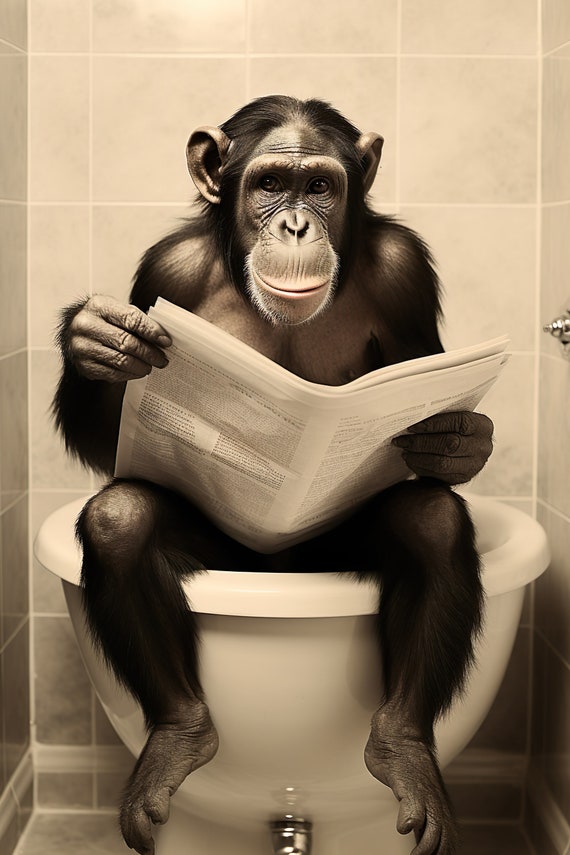 Chimpanzee Sitting On The Toilet Reading A Newspaper Funny Bathroom Wall Art Funny Monkey Print Funny Animal Photo Ai Art