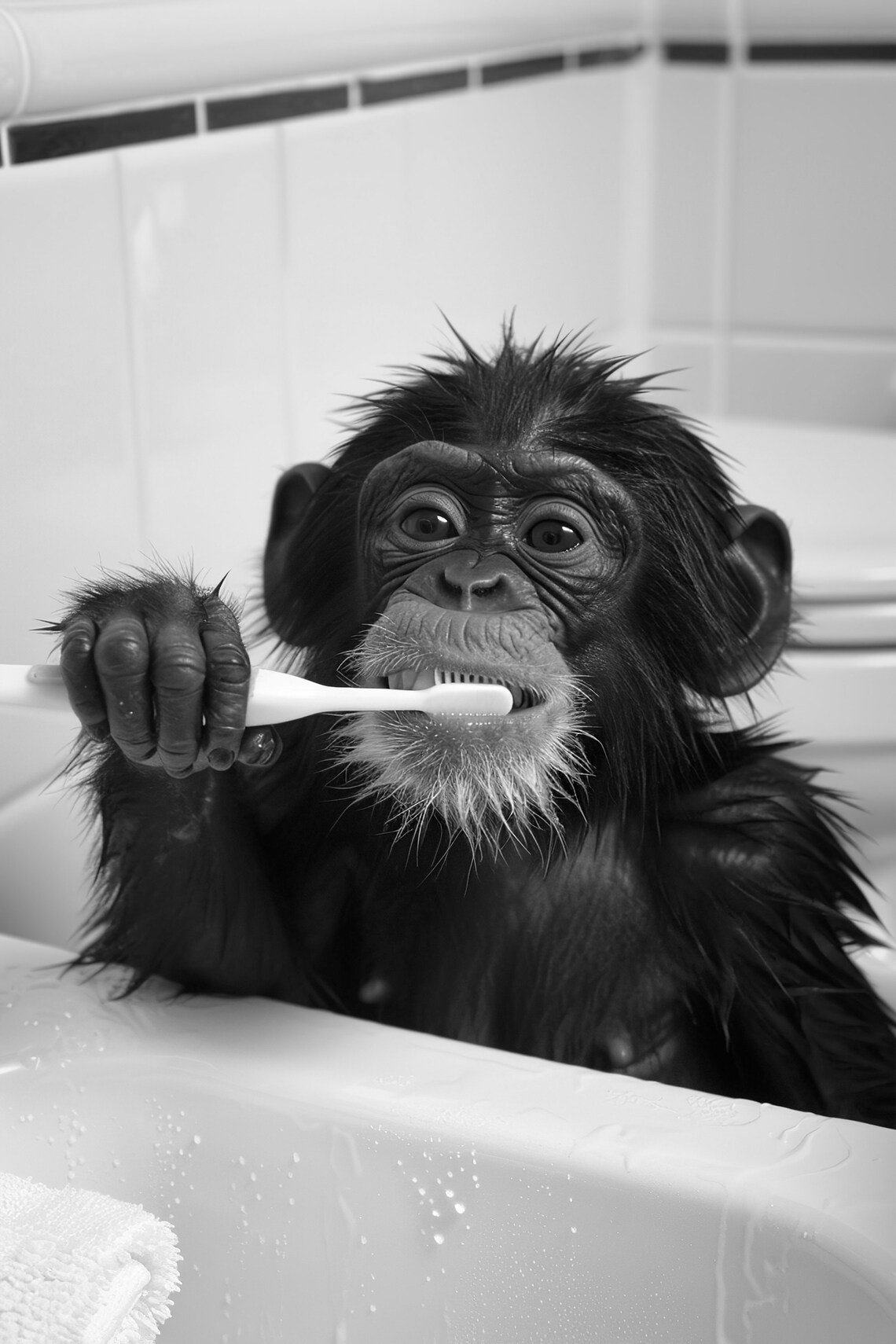 Funny Monkey Teeth Brushing Bathroom Wall Art